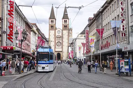 Würzburg business district with tram