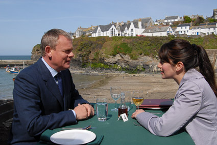 Martin Clunes and Caroline Catz in Port Isaac, North Cornwall