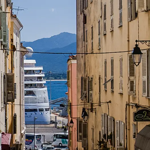  The cruise ship SILVER SPIRIT is visible between buildings in downtown Ajaccio, Corsica.