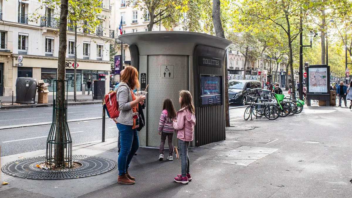 Paris Sanisette self-cleaning public toilet.
