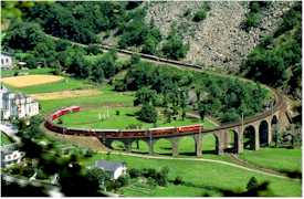 Switzerland Swiss Bernina Express Rhaetian Railway Brusio spiral viaduct Rh�tische Bahn Graub&uuml;nden Chur