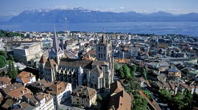 Aerial view of Lausanne and Lac L�man