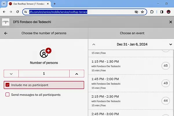 Fondaco dei Tedeschi booking form screen capture.