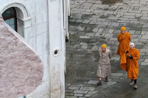 Buddhist monks near Rialto Bridge, Venice.