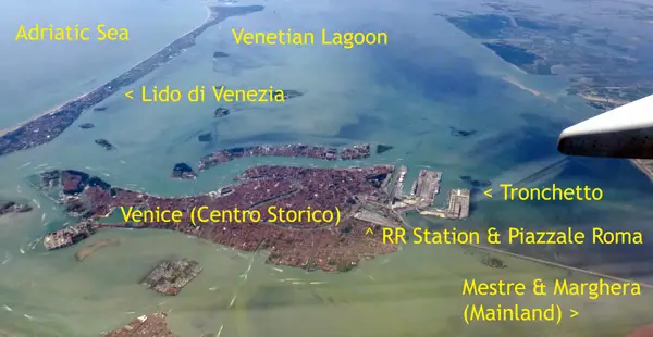 Aerial photo of Venice and Venetian Lagoon, with labels.